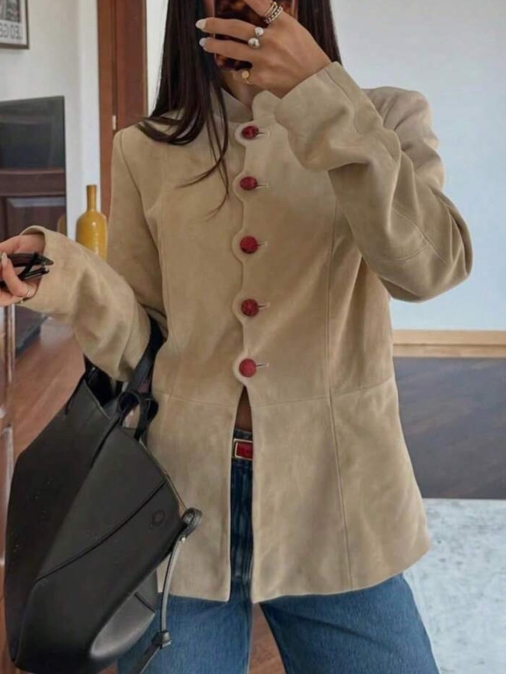 Women's Suede Khaki Long Sleeve Stand Collar Snake Button Cardigan Jacket, Flare